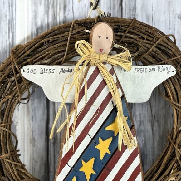 SOLD ! Angel Grapevine Wreath Americana Hand Made Primitive Patriotic  America - Picture 3 of 16